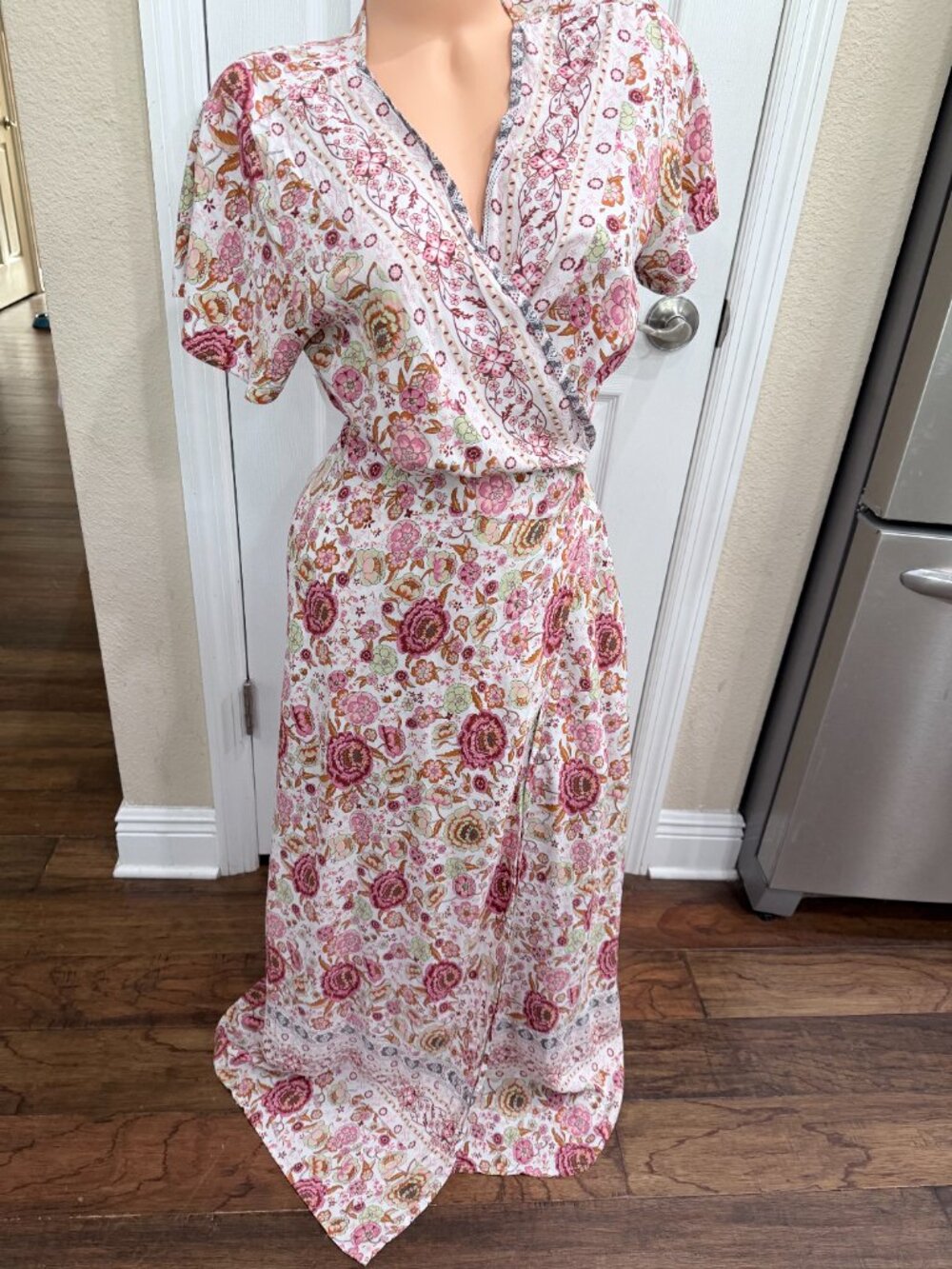 Bohemian Floral Wrap Maxi Dress XL Pink Cottagecore Festival 100% Viscose